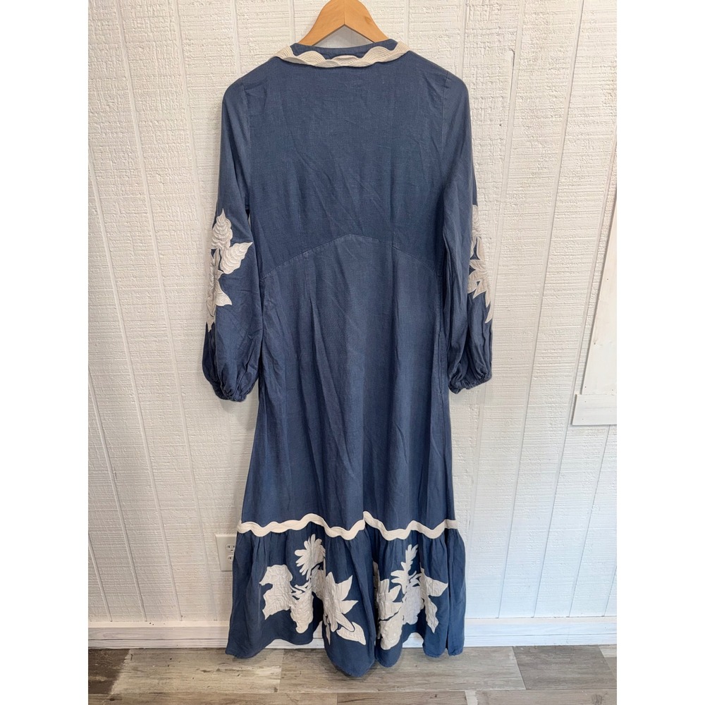 Farm Rio Maxi Dress Women Blue Embroidered Ric Rac Pineapple Size M - Picture 6 of 9